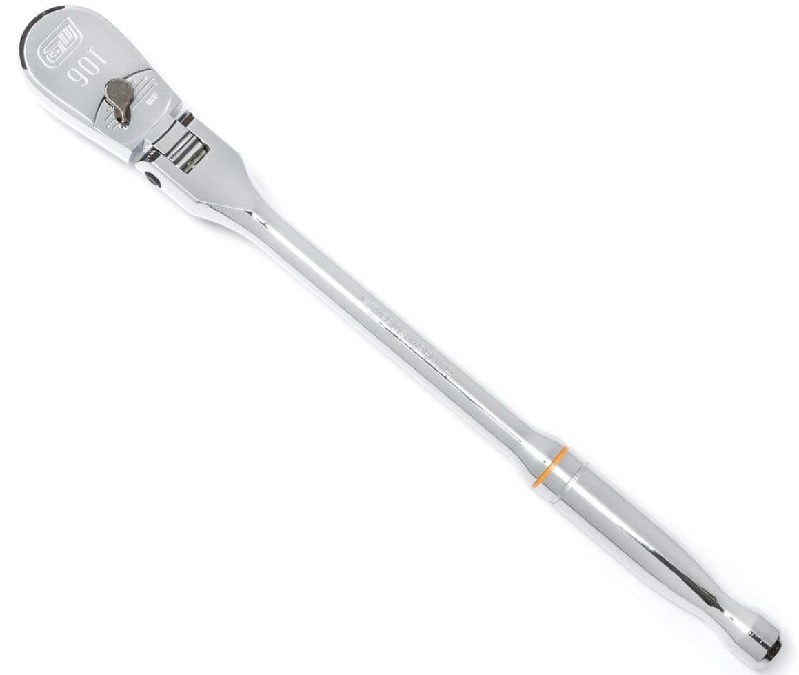 A detailed view of the GEARWRENCH 3/8 inch drive professional flex head ratchet highlighting the durable alloy steel handle and the premium full polish chrome finish that resists corrosion.