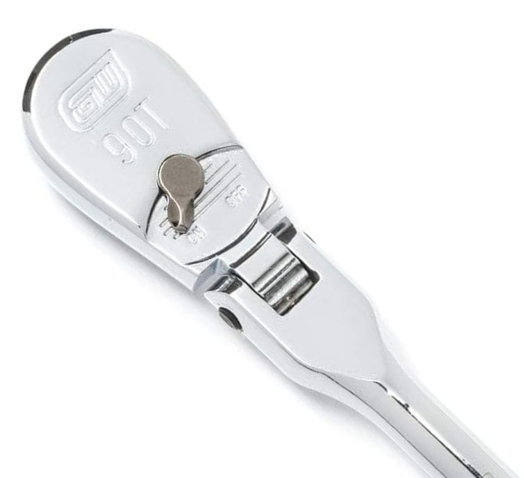 A close-up shot of the 90-tooth ratchet head design, showcasing the precision-engineered 6-position flexible joint that provides unparalleled access to hard-to-reach fasteners.