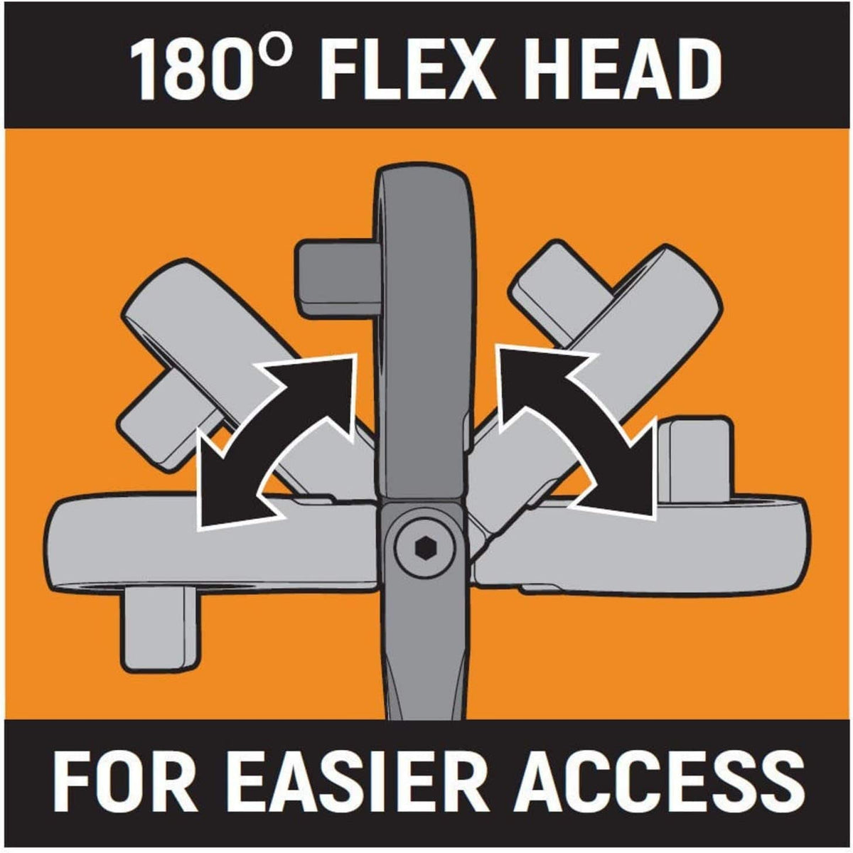 A marketing graphic titled 180 Degree Flex Head for Easier Access featuring a diagram of the GEARWRENCH ratchet head tilting through multiple angles to demonstrate jobsite versatility.