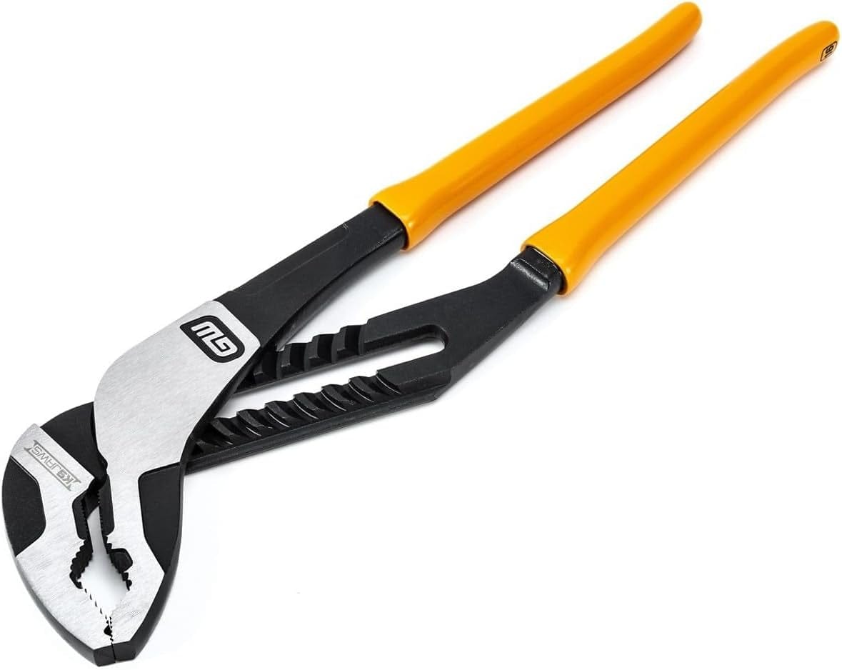 A full angled view of the GEARWRENCH 82167 16-inch Pitbull K9 V-jaw tongue and groove adjustable water pump pliers, featuring a black forged alloy steel body, polished jaw head, and bright molten orange dipped grip handles resting on a clean white background.