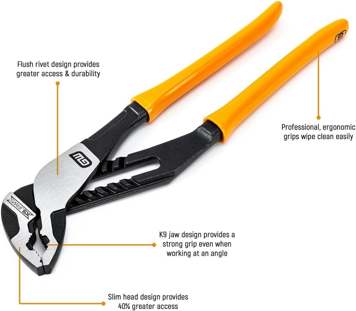 A feature callout diagram of the GEARWRENCH 16-inch Pitbull K9 tongue and groove pliers, highlighting the flush rivet design for durability, the K9 jaw design for a strong angled grip, a slim head for 40 percent greater access, and professional ergonomic grips that wipe clean easily.