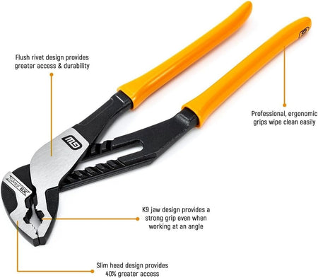 A feature callout diagram of the GEARWRENCH 16-inch Pitbull K9 tongue and groove pliers, highlighting the flush rivet design for durability, the K9 jaw design for a strong angled grip, a slim head for 40 percent greater access, and professional ergonomic grips that wipe clean easily.