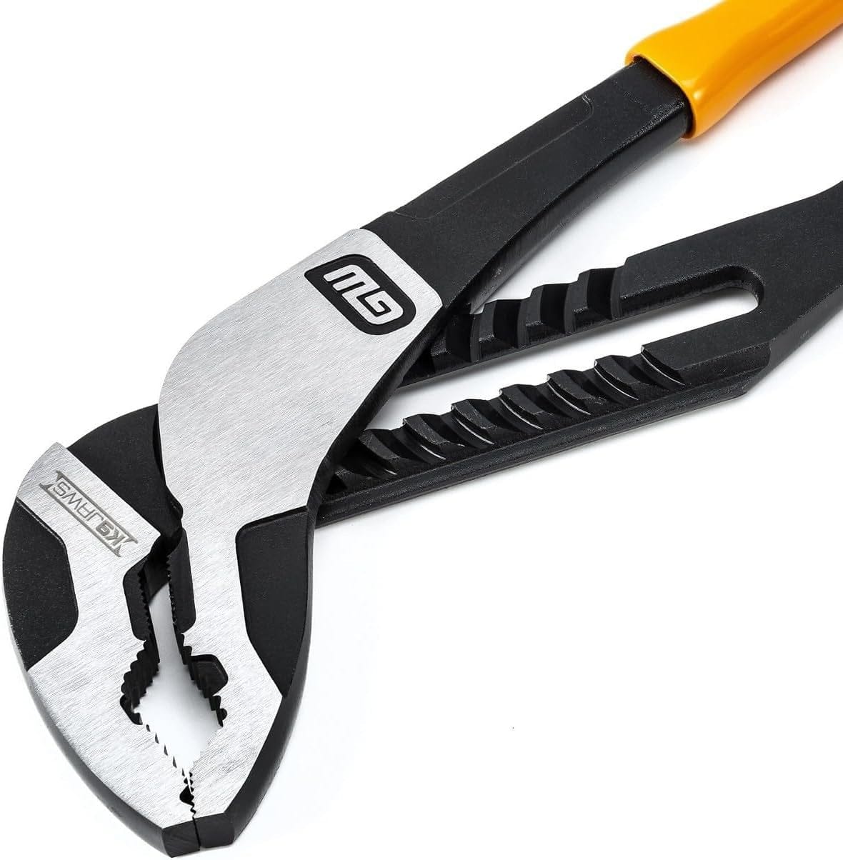 A detailed close-up photo of the GEARWRENCH Pitbull adjustable pliers, showcasing the precision-machined V-jaw with aggressive teeth, the durable tongue and groove slip-joint adjustment channels, and the heavy-duty alloy steel construction.