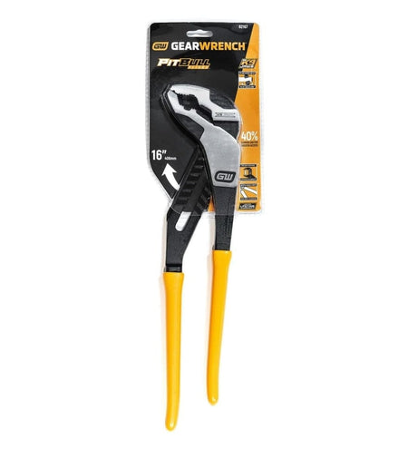The GEARWRENCH 82167 16-inch Pitbull K9 V-jaw adjustable water pump pliers secured in their original yellow, black, and white retail carded packaging, ready for display and professional use.