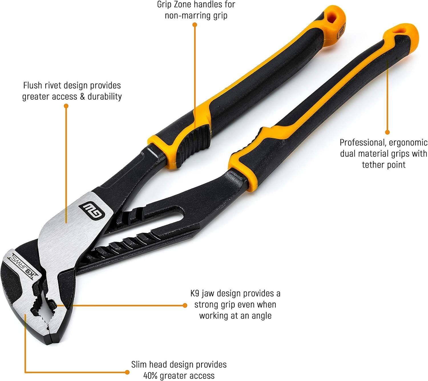 Features diagram for the GEARWRENCH PITBULL V-Jaw pliers highlighting the flush rivet design, non-marring grip zone, K9 jaw design, and slim head for 40 percent greater access
