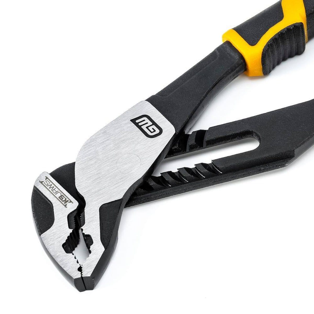 Close-up view of the GEARWRENCH K9 V-Jaw plier head showcasing the aggressive angled teeth and self-locking adjustment for superior grip on fasteners.