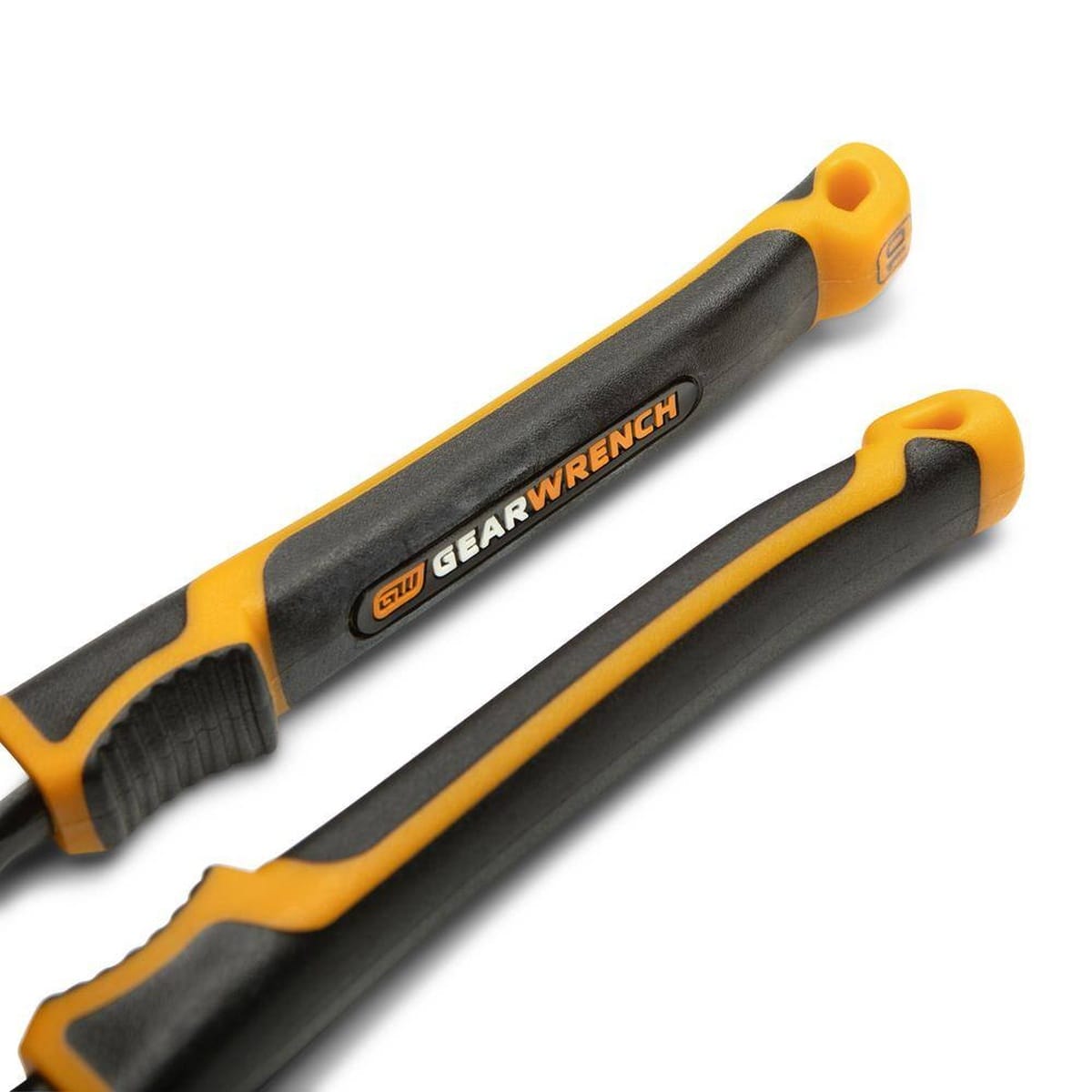 Professional ergonomic dual-material handles on the GEARWRENCH 8-inch pliers featuring a secure tether point for work-at-height safety and molten orange branding.