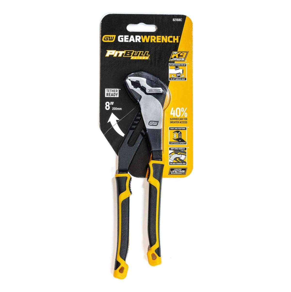 Retail carded packaging for the GEARWRENCH 82168C PITBULL 8-inch V-Jaw pliers detailing the 1-5/8 inch jaw capacity and limited lifetime warranty.