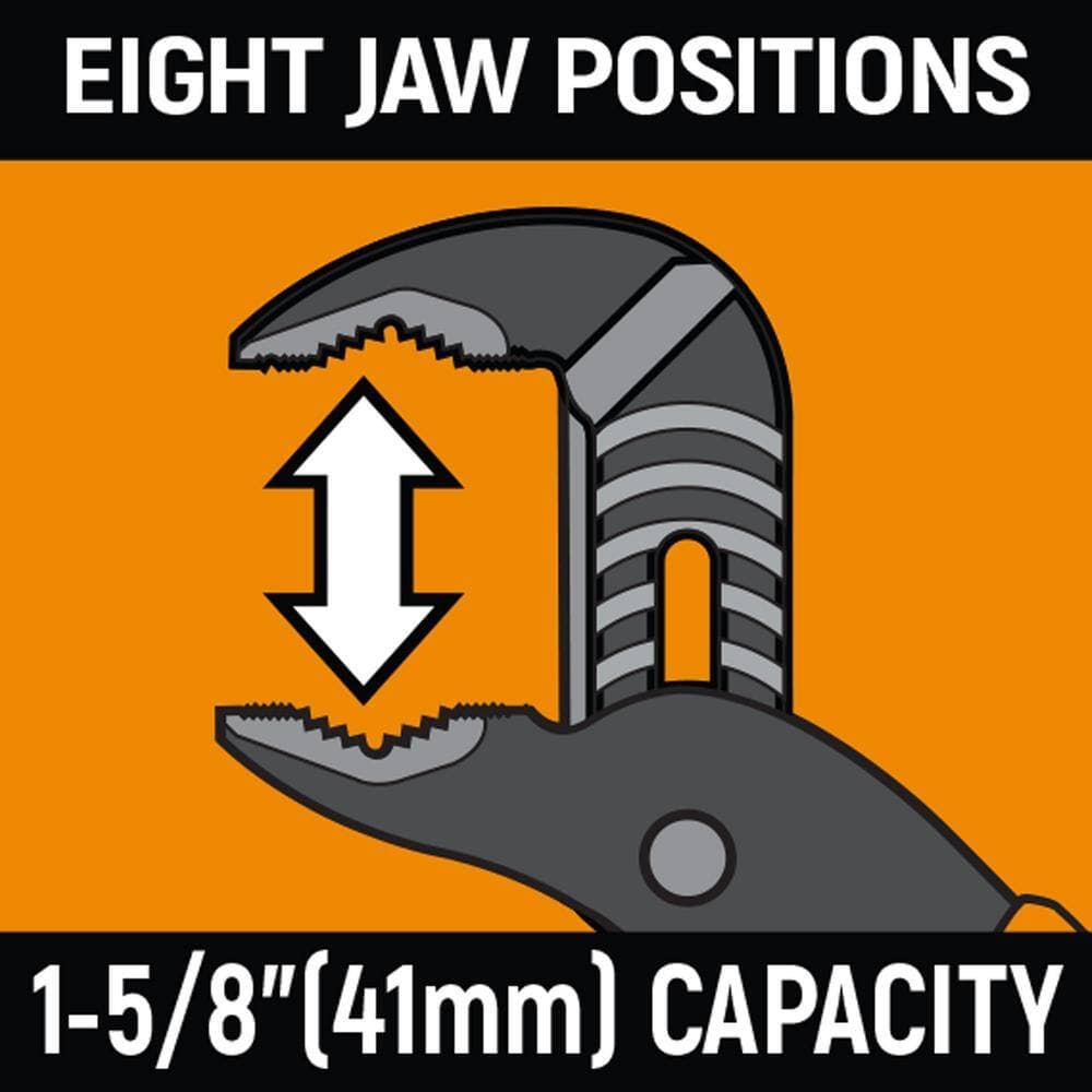 Technical graphic illustrating the eight jaw positions on the GEARWRENCH PITBULL pliers providing a 1-5/8 inch (41mm) capacity for diverse industrial applications.