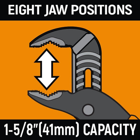 Technical graphic illustrating the eight jaw positions on the GEARWRENCH PITBULL pliers providing a 1-5/8 inch (41mm) capacity for diverse industrial applications.