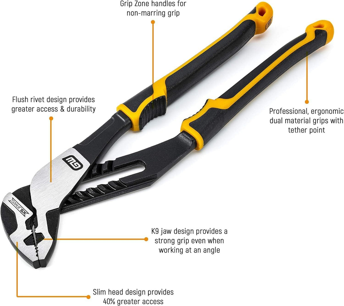Features diagram for GEARWRENCH PITBULL straight jaw pliers highlighting the flush rivet design, non-marring grip zone handles, K9 jaw technology, and slim head for 40 percent greater access.