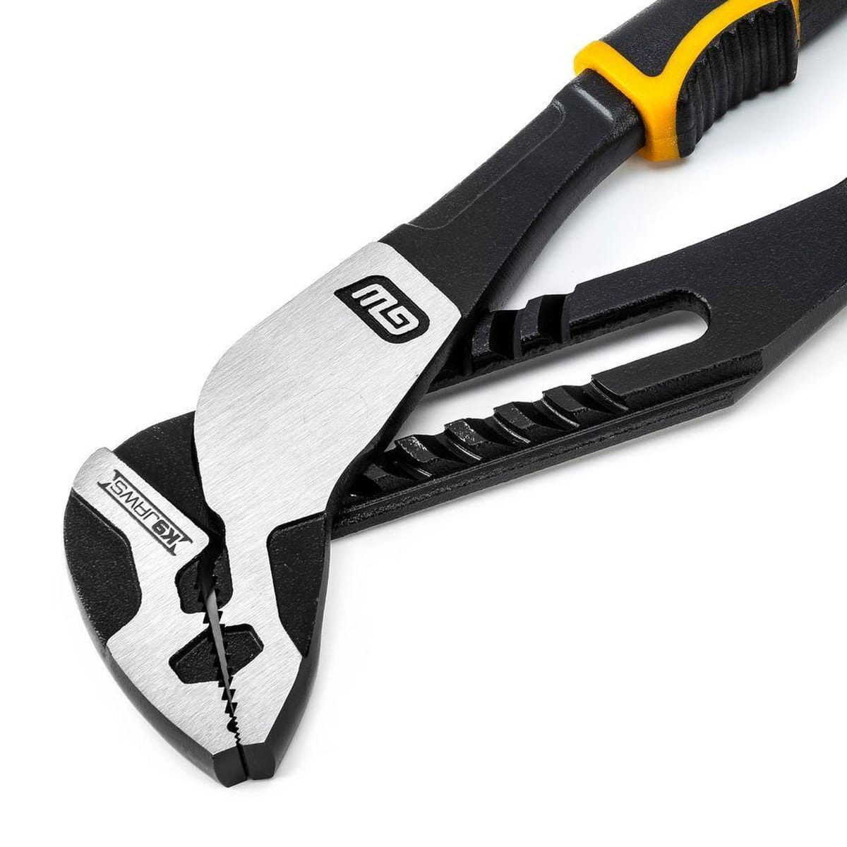 Close-up of the GEARWRENCH PITBULL straight jaw plier head showcasing the aggressive angled teeth and precision-machined adjustment track for high-leverage gripping.