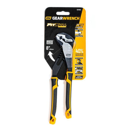 Retail carded packaging for the GEARWRENCH 82169C 8-inch straight jaw pliers detailing the 1-5/8 inch jaw capacity, tether ready handles, and limited lifetime warranty.