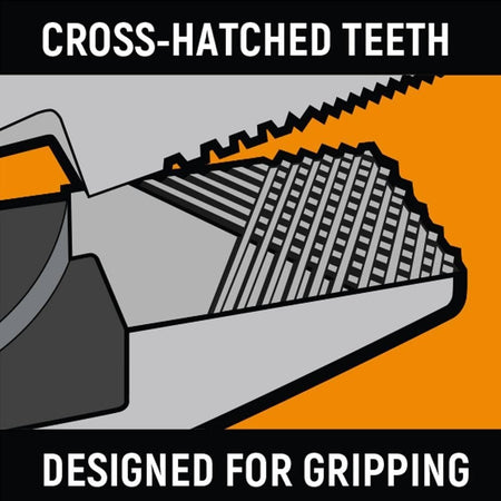 Technical illustration of the GEARWRENCH cross-hatched tooth design engineered for superior gripping, bending, and twisting of flat or hex materials.