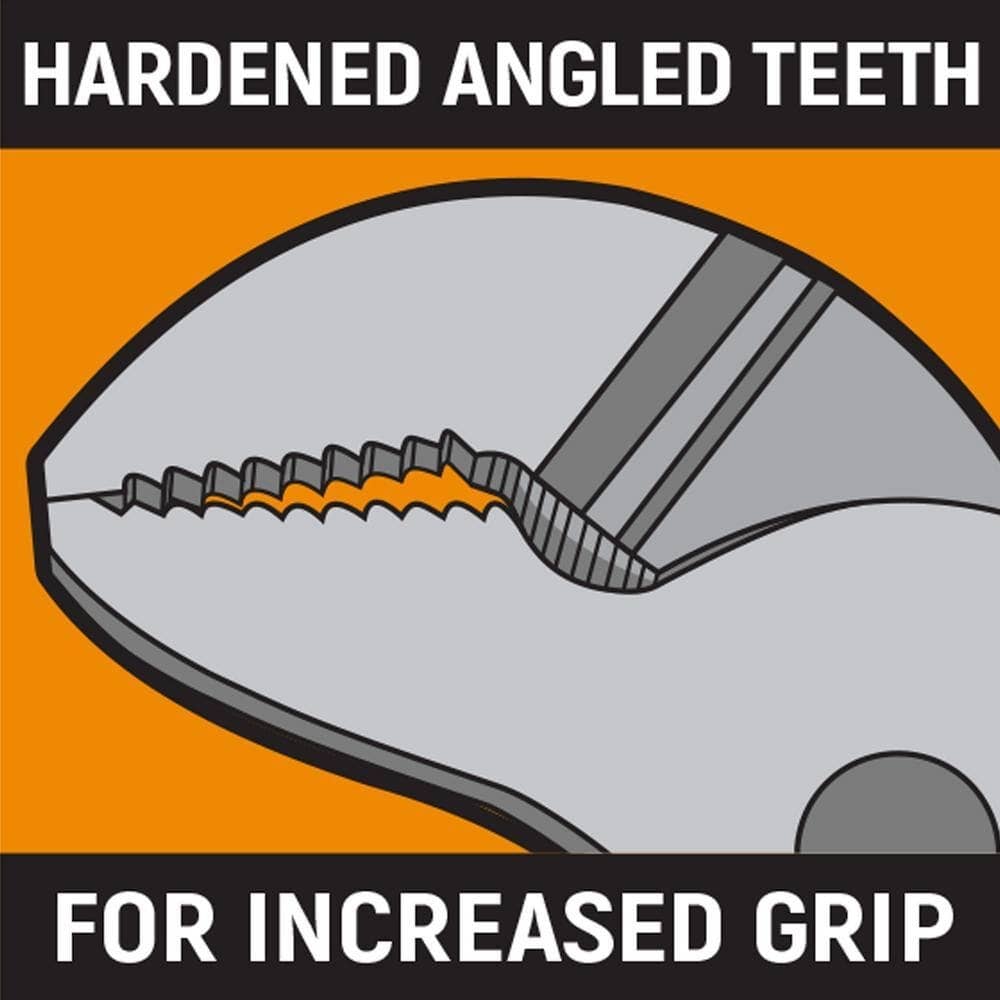 Detailed diagram of the GEARWRENCH hardened angled teeth illustrating the aggressive bite pattern that increases gripping force and prevents slippage.