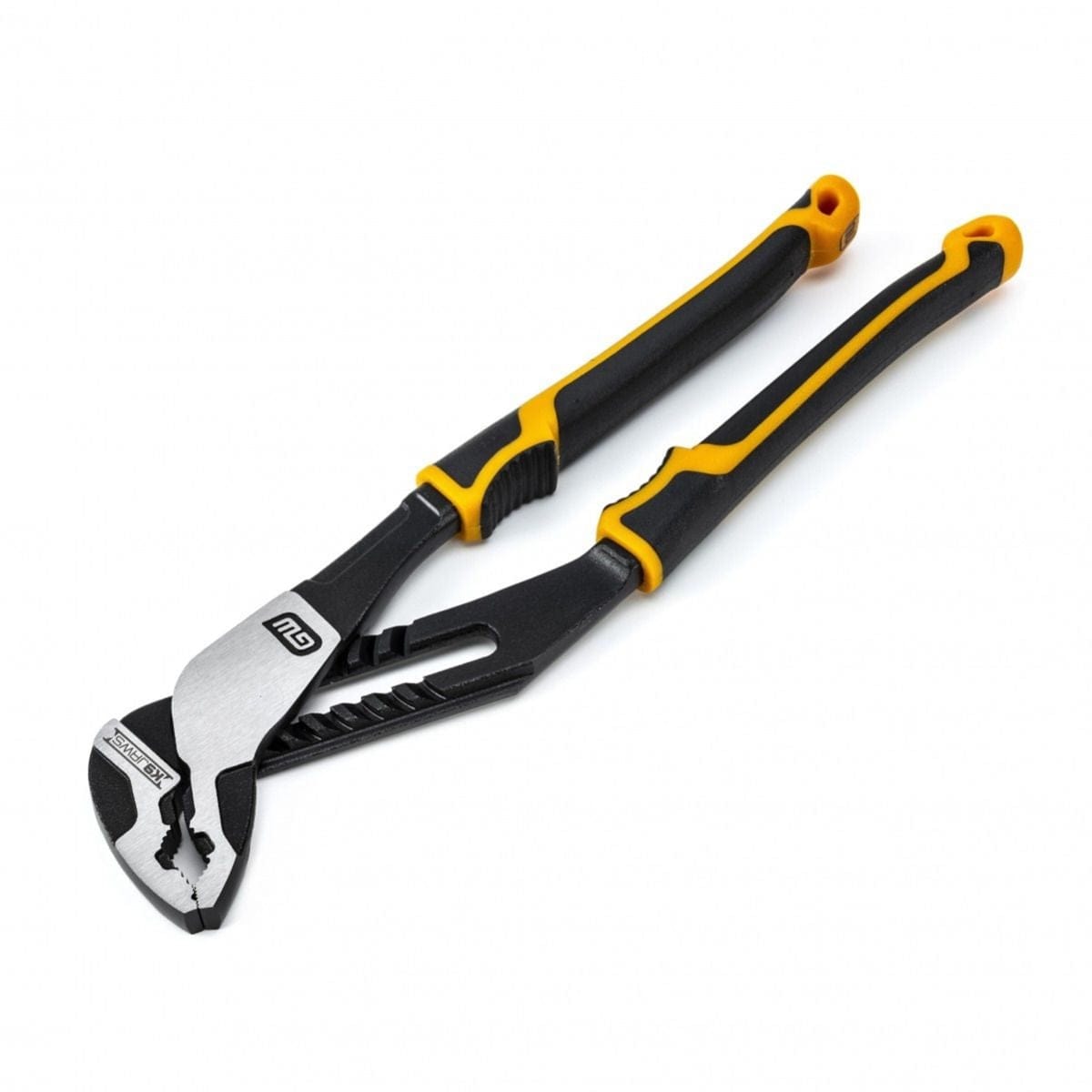 A perspective studio shot of the GEARWRENCH 82172C 10-inch Pitbull K9 V-jaw tongue and groove pliers featuring a black oxide finish and ergonomic dual-material comfort grips in molten orange and black.