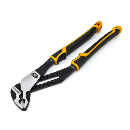 A perspective studio shot of the GEARWRENCH 82172C 10-inch Pitbull K9 V-jaw tongue and groove pliers featuring a black oxide finish and ergonomic dual-material comfort grips in molten orange and black.