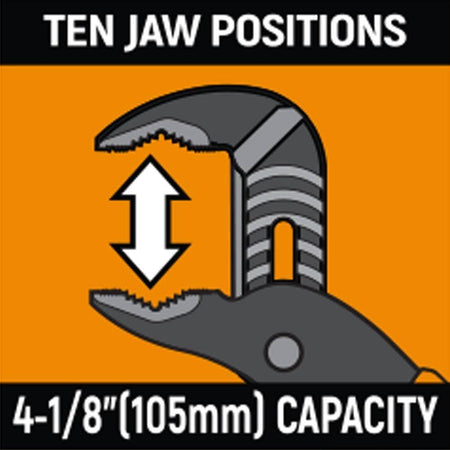 A specifications graphic for the GEARWRENCH 10-inch tongue and groove pliers, highlighting the ten adjustable jaw positions and the large 2.1-inch (105mm) jaw capacity.
