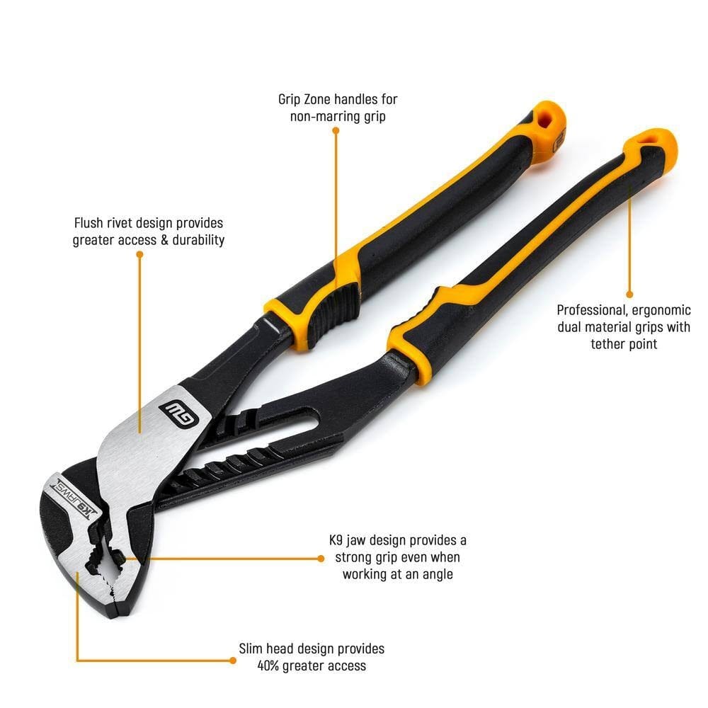 An informational graphic of the GEARWRENCH 82172C pliers highlighting key features including the non-marring grip zone handles, flush rivet design, ergonomic grips with tether points, and K9 jaw technology.