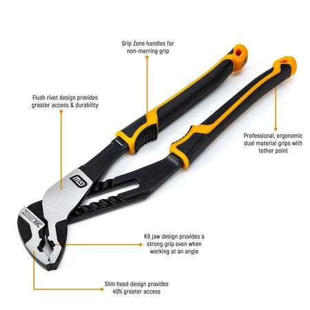 An informational graphic of the GEARWRENCH 82172C pliers highlighting key features including the non-marring grip zone handles, flush rivet design, ergonomic grips with tether points, and K9 jaw technology.