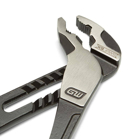 A detailed view of the K9 jaw teeth on the GEARWRENCH 10-inch tongue and groove pliers, showcasing the self-locking V-jaw geometry designed to provide a strong bite on various fastener shapes.