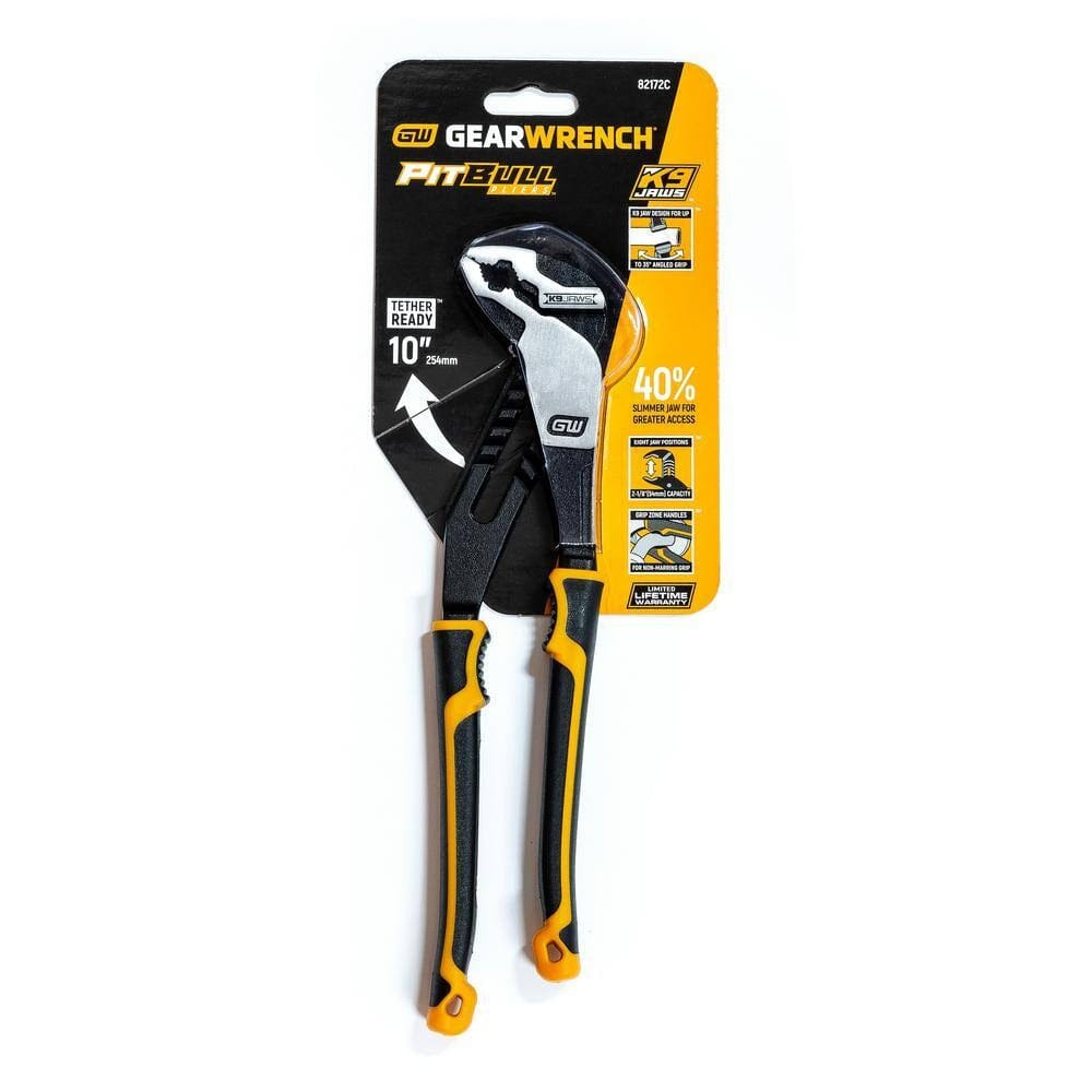 Retail packaging for the GEARWRENCH 82172C 10-inch Pitbull K9 V-jaw pliers, emphasizing features like 40% greater access, ten jaw positions, and a 2.1-inch jaw capacity.