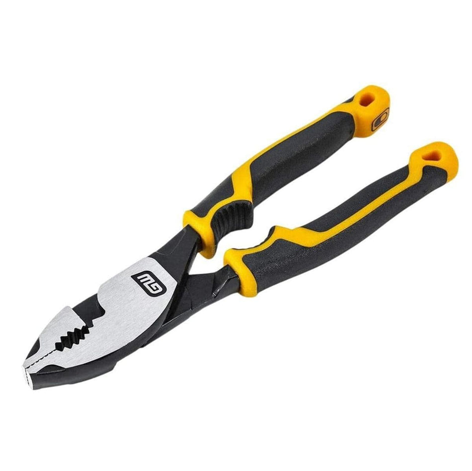 GearWrench slip joint pliers with black and yellow rubber-coated handles and metallic jaws featuring flat, serrated, and cutting surfaces for gripping and wire cutting