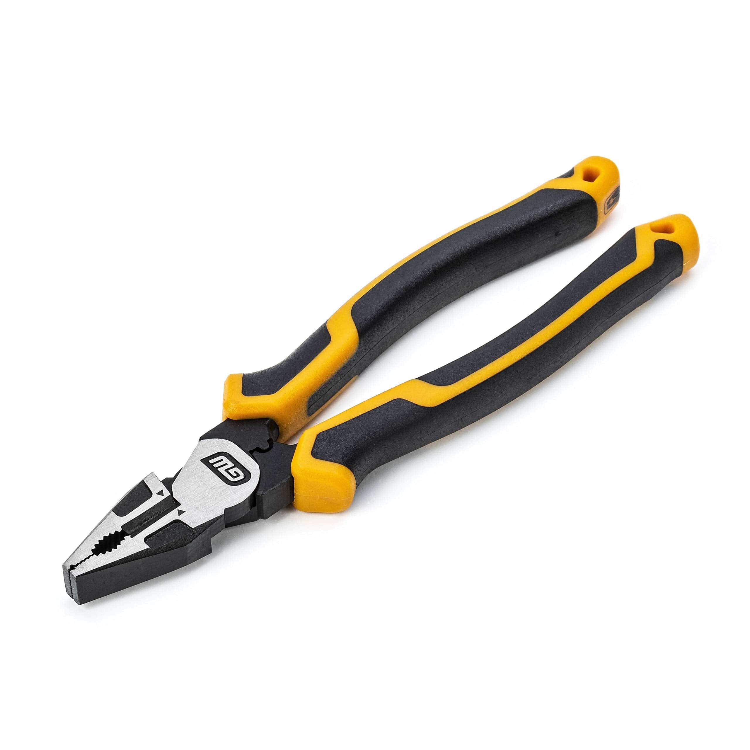 The image displays a pair of long, black and yellow-handled pliers positioned diagonally with the jaws pointing towards the bottom left. The working end of the pliers is silver-grey with a textured grip surface, and a "GW" logo is visible on the side of the head.