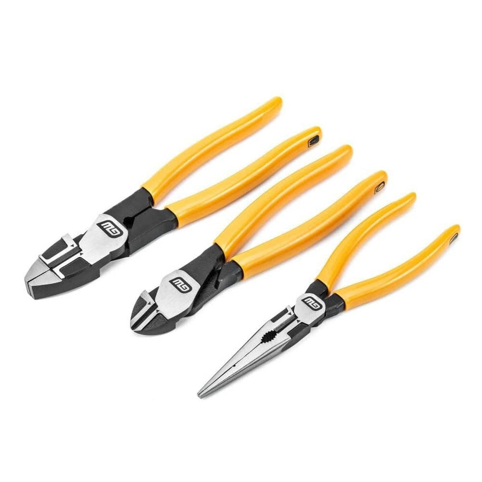 The GEARWRENCH 3-piece PITBULL electrician's plier set featuring high-leverage lineman's pliers, diagonal cutting pliers, and long nose pliers with molten orange dipped handles.