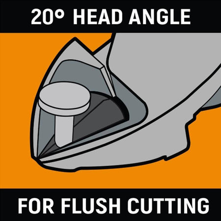 Diagram demonstrating the 20-degree head angle of the GEARWRENCH diagonal pliers which allows for precise flush cutting of fasteners and wire against a flat surface.