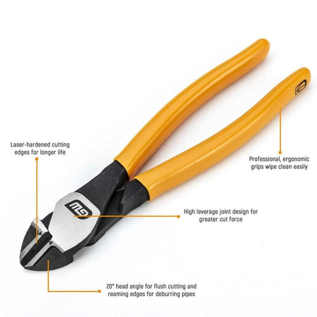 Features diagram for the GEARWRENCH diagonal cutting pliers highlighting the laser-hardened cutting edges, high-leverage joint design, 20-degree head angle for flush cuts, and reaming edges.