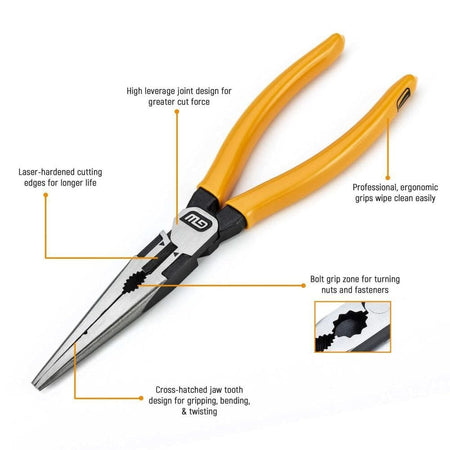 Features diagram for the GEARWRENCH long nose pliers showcasing the high-leverage joint, laser-hardened edges, cross-hatched jaw teeth for gripping, and an integrated bolt grip zone.