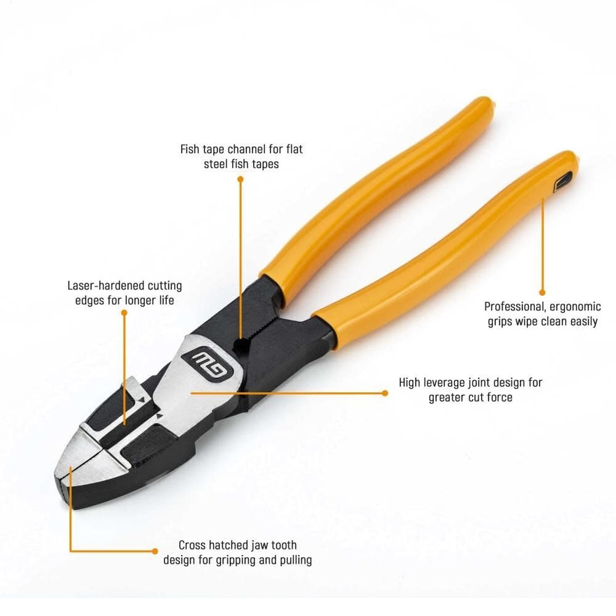 Features diagram for the GEARWRENCH lineman's pliers highlighting the integrated fish tape channel for flat steel tapes, high-leverage joint design, and laser-hardened cutting edges.