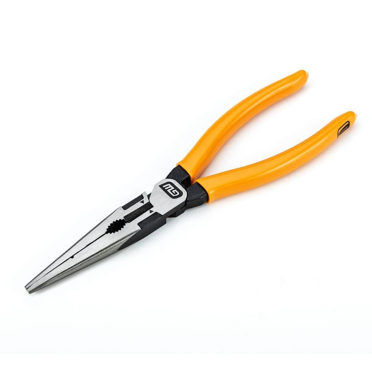 Detailed view of the GEARWRENCH PITBULL long nose pliers featuring an elongated profile for reaching into tight electrical boxes and a durable polished finish.