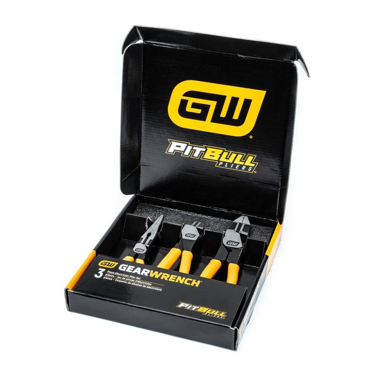 The GEARWRENCH 3-piece PITBULL plier set organized inside its professional black and yellow retail storage box, displaying the lineman's, diagonal, and long nose pliers.