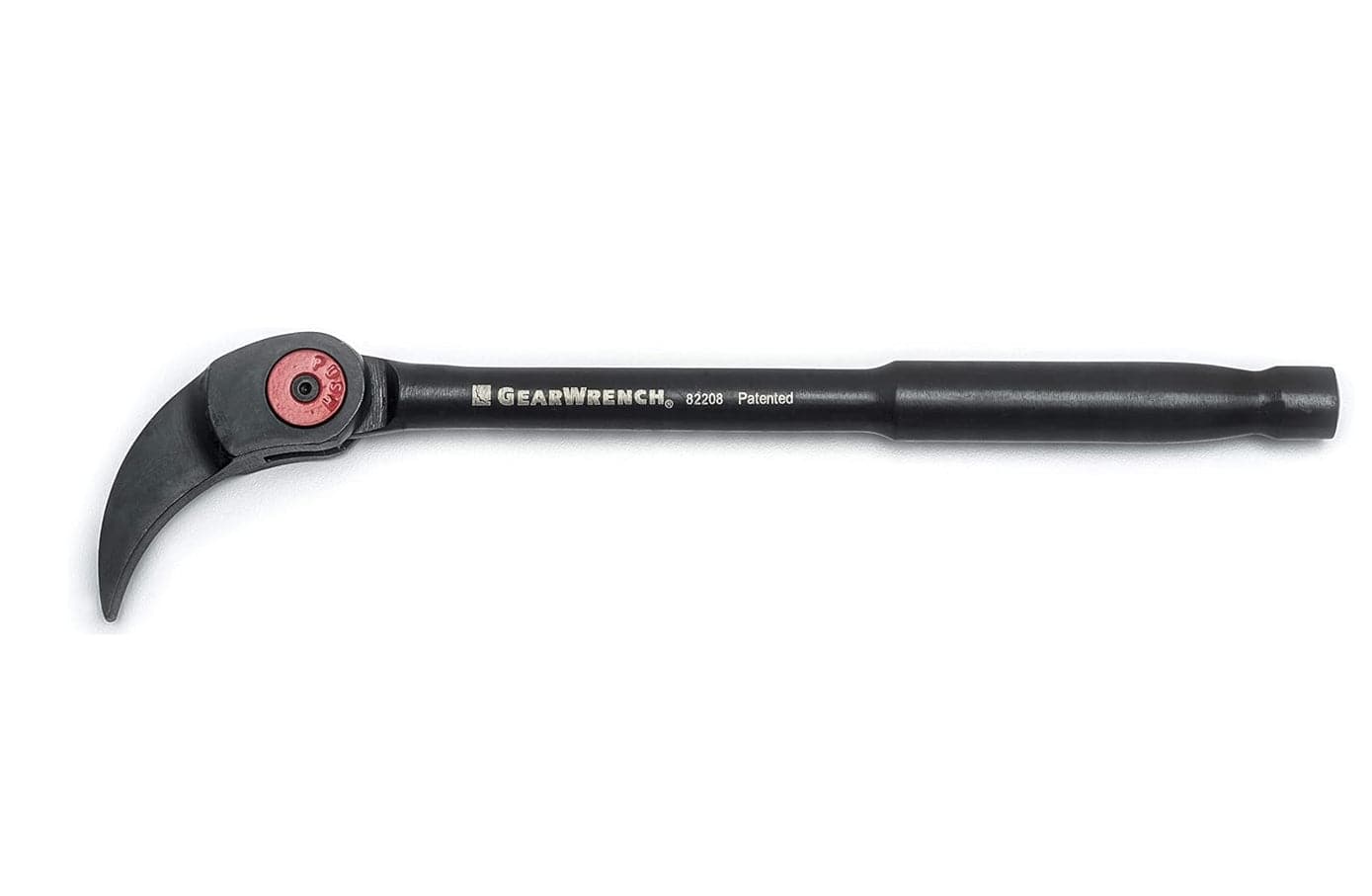 A side-profile studio shot of the GEARWRENCH 82208 8-inch indexing pry bar featuring a heavy-duty alloy steel body with a corrosion-resistant black phosphate finish and a red push-button locking mechanism on the swivel head.