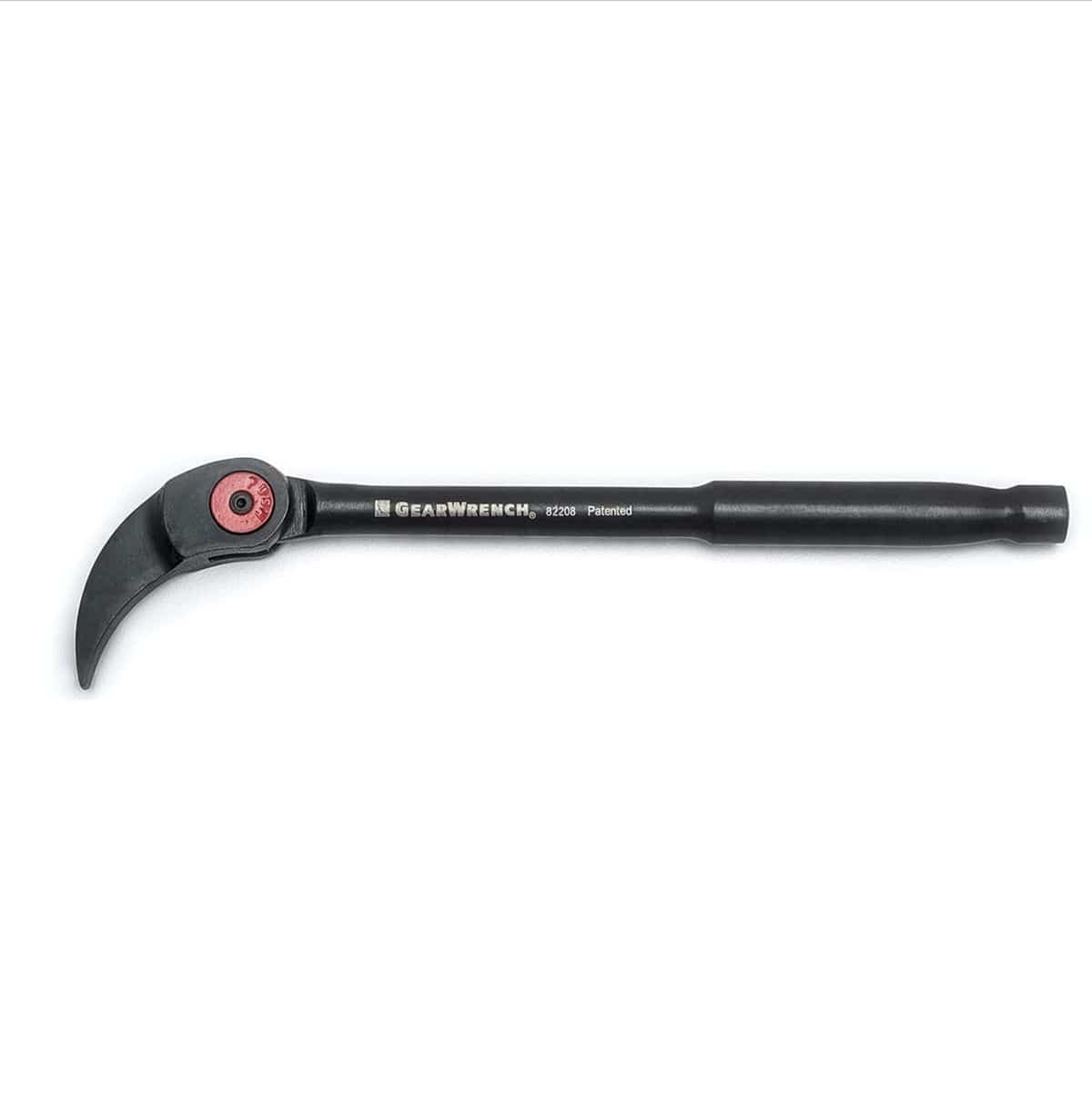 A side-profile studio shot of the GEARWRENCH 82208 8-inch indexing pry bar featuring a heavy-duty alloy steel body with a corrosion-resistant black phosphate finish and a red push-button locking mechanism on the swivel head.