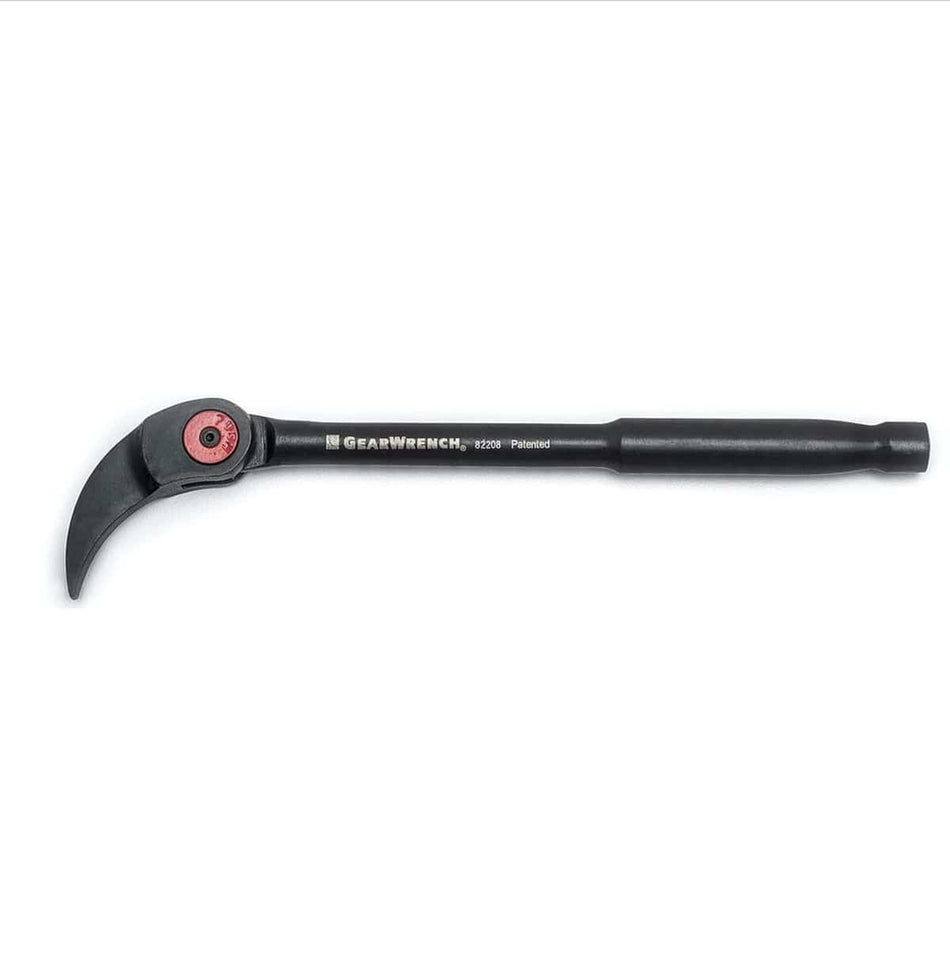 A side-profile studio shot of the GEARWRENCH 82208 8-inch indexing pry bar featuring a heavy-duty alloy steel body with a corrosion-resistant black phosphate finish and a red push-button locking mechanism on the swivel head.