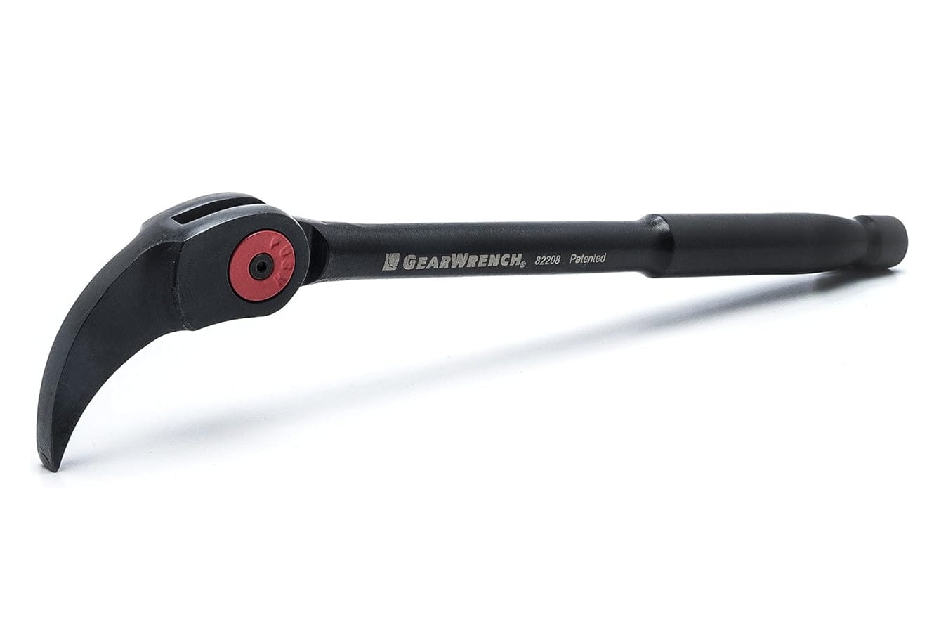 A perspective view of the 8-inch indexing pry bar showcasing the slim, smooth head profile designed to fit into narrow gaps and low-access areas for professional automotive or industrial prying tasks.