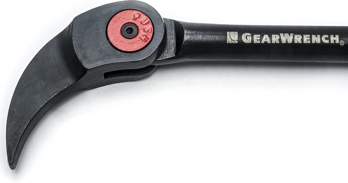 A close-up detail of the GEARWRENCH indexing head highlighting the red push-button used to unlock the swivel mechanism and the precision-machined alloy steel construction for maximum durability.
