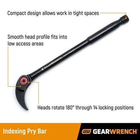 A technical graphic with semi-transparent overlays illustrating the pry bar's head rotating 180 degrees through multiple locking positions to provide unparalleled access and leverage in cramped workspaces.