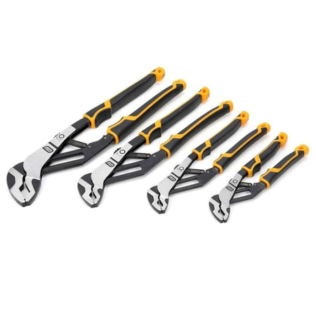 The complete set of four GEARWRENCH Pitbull Auto-Bite Tongue and Groove Pliers, arranged diagonally from largest to smallest, highlighting the black and yellow dual-material handles.