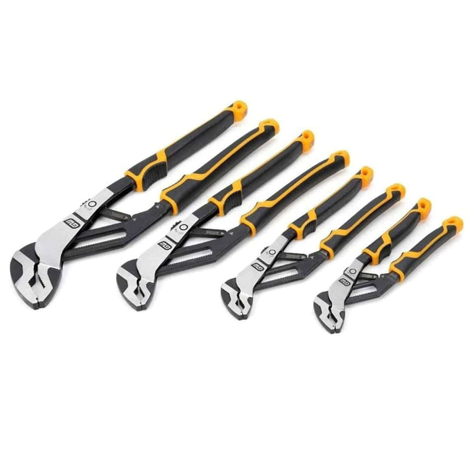 The complete set of four GEARWRENCH Pitbull Auto-Bite Tongue and Groove Pliers, arranged diagonally from largest to smallest, highlighting the black and yellow dual-material handles.
