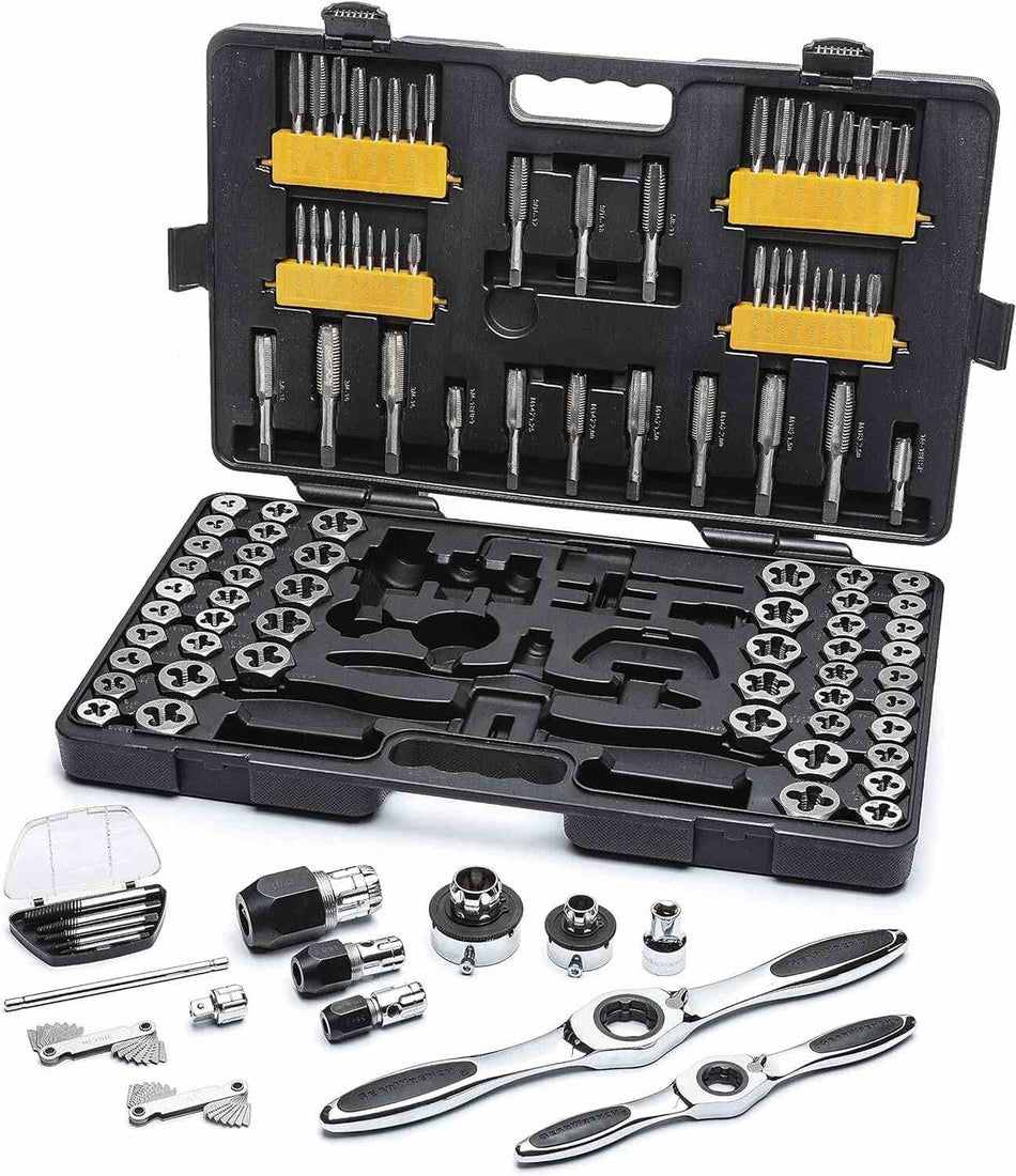 A complete GEARWRENCH 82812 114-piece SAE and metric ratcheting tap and die set organized in an open black blow-molded carrying case with T-handles, adapters, and thread gauges displayed.