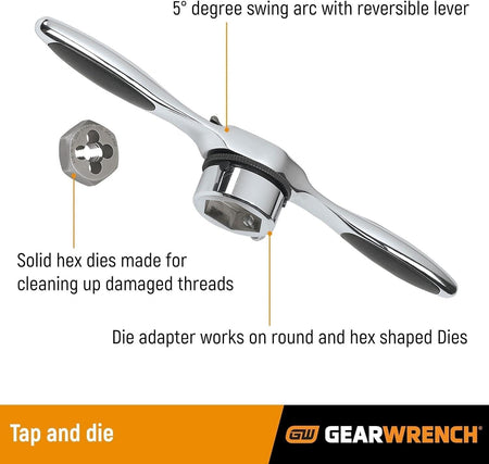A technical infographic of the GEARWRENCH ratcheting T-handle showing the 5-degree swing arc with reversible lever, a solid hex die for cleaning threads, and a versatile die adapter.