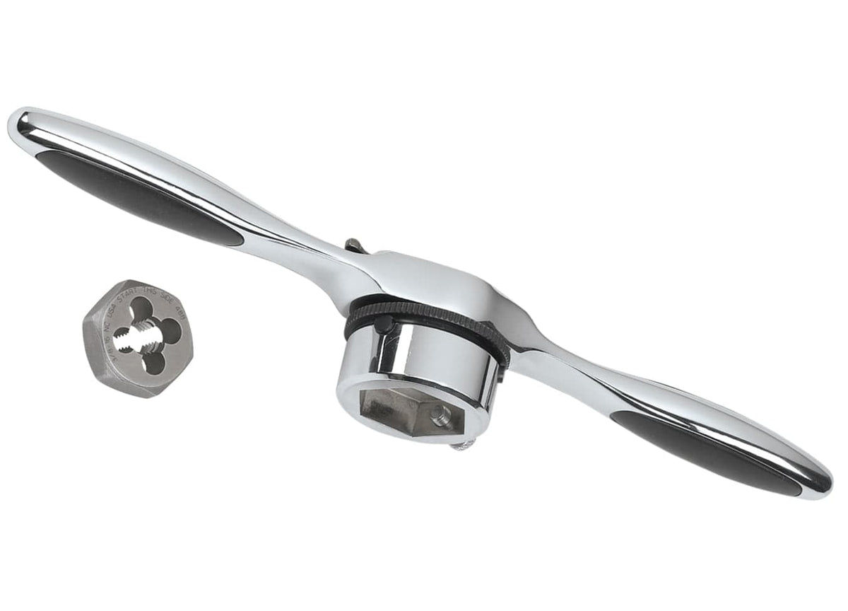 Perspective view of the GEARWRENCH chrome ratcheting T-handle and a solid hex die, highlighting the reversible ratcheting mechanism and professional polished finish for machine shop use.