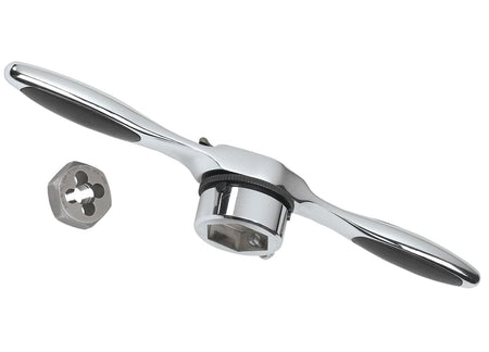 Perspective view of the GEARWRENCH chrome ratcheting T-handle and a solid hex die, highlighting the reversible ratcheting mechanism and professional polished finish for machine shop use.