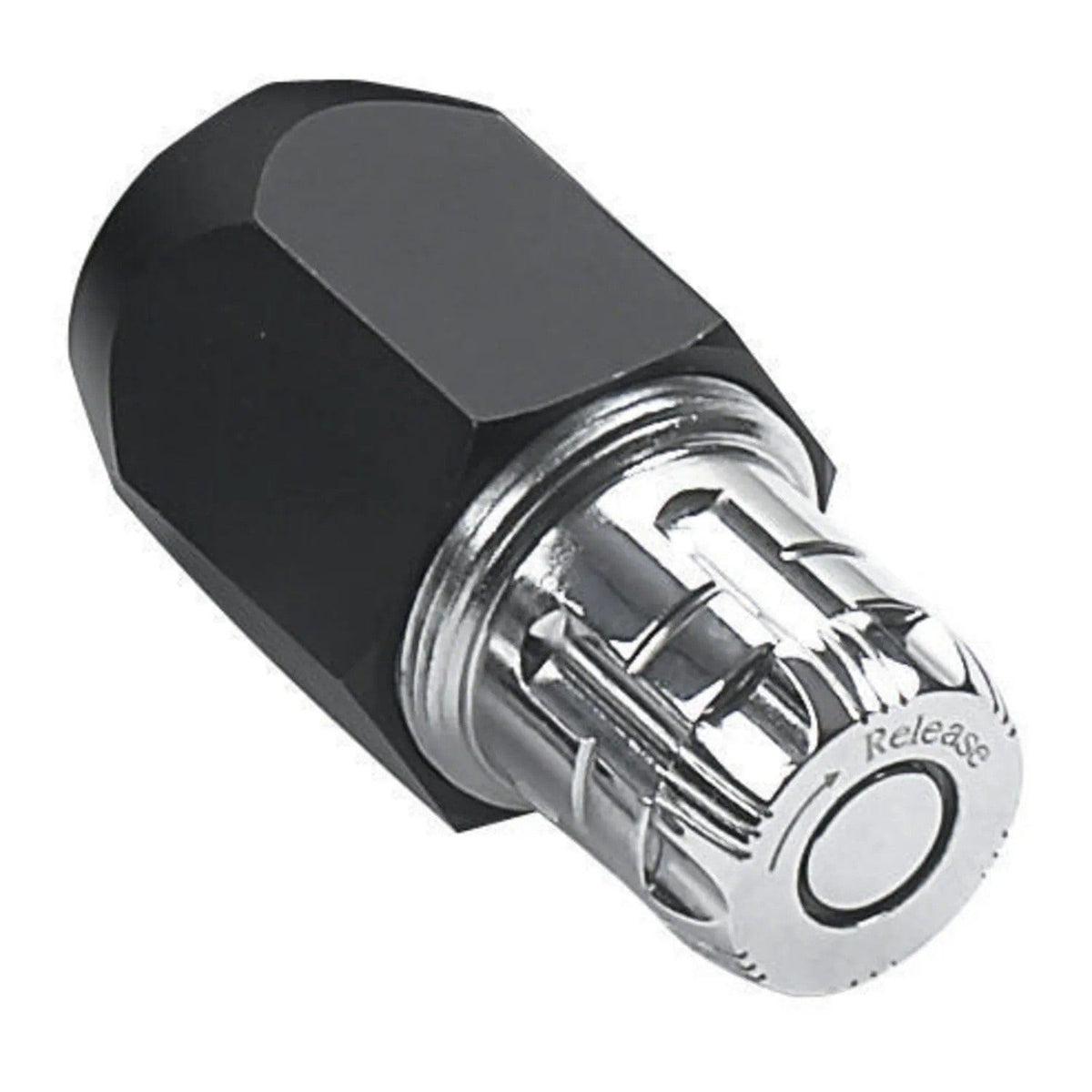Close-up of a GEARWRENCH black and chrome drive extension adapter featuring a quick-release mechanism for reaching confined areas with the ratcheting tap and die system.