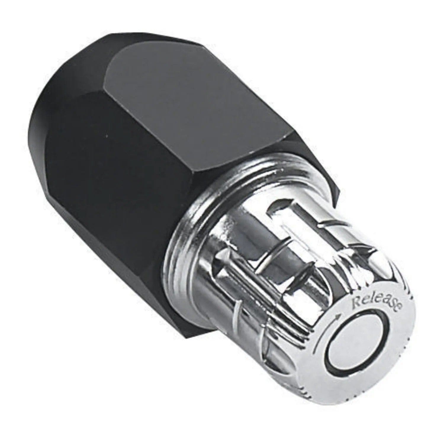 Close-up of a GEARWRENCH black and chrome drive extension adapter featuring a quick-release mechanism for reaching confined areas with the ratcheting tap and die system.