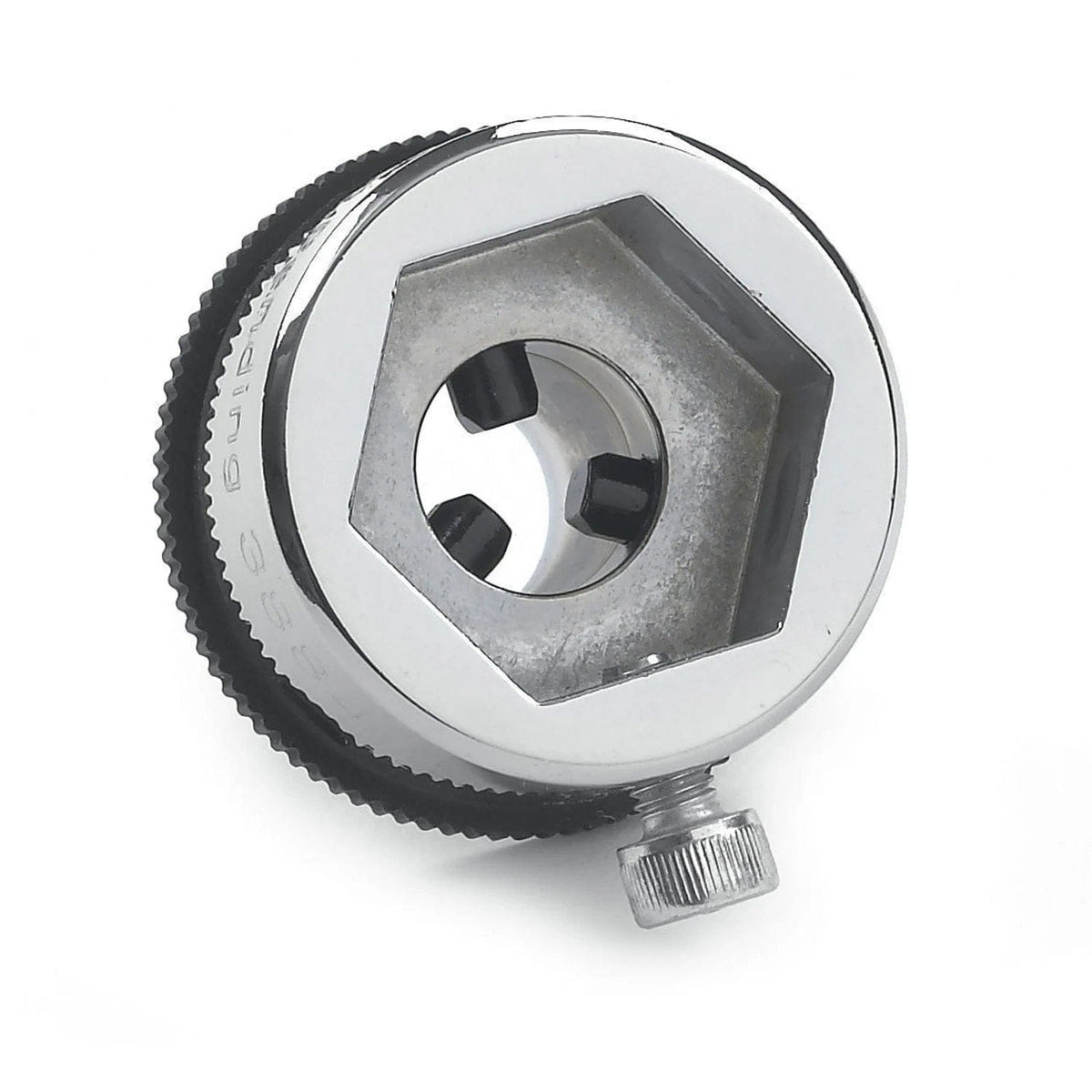 A detailed view of the GEARWRENCH die adapter with a set screw, designed to securely hold both round and hex-shaped dies while maintaining centering during thread cutting.